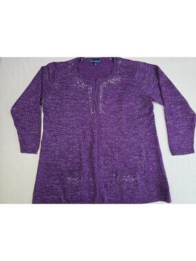 Susan Graver Purple Open Front Cardigan 1X Sweater Sequins